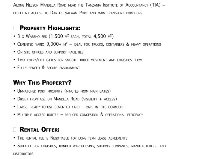 WAREHOUSE & YARD FOR LEASE KURASINI